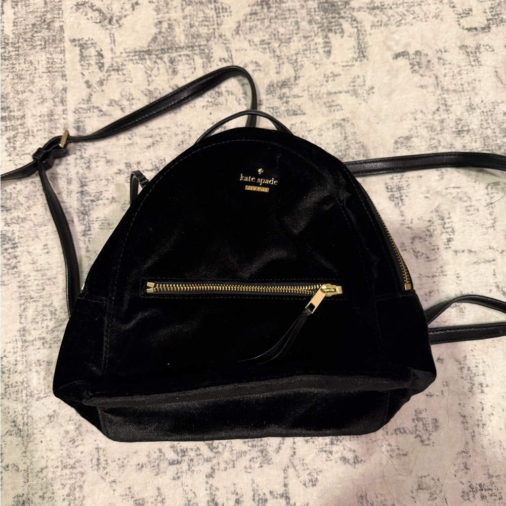 Kate Spade Black Velvet Backpack with Gold Accents